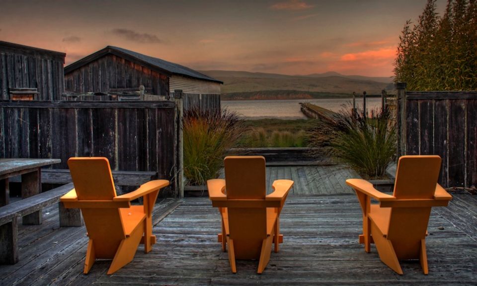 View of Tomales Bay at sunset from the boathouse deck.